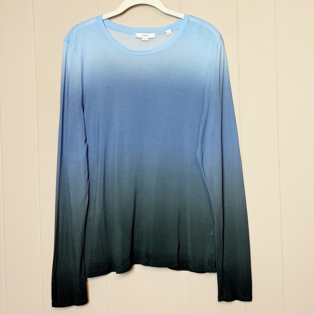 Vince 100% Modal Blue Ombré Dip Dye Long Sleeve Crew Neck Top XL Tee T-Shirt - Picture 3 of 11
